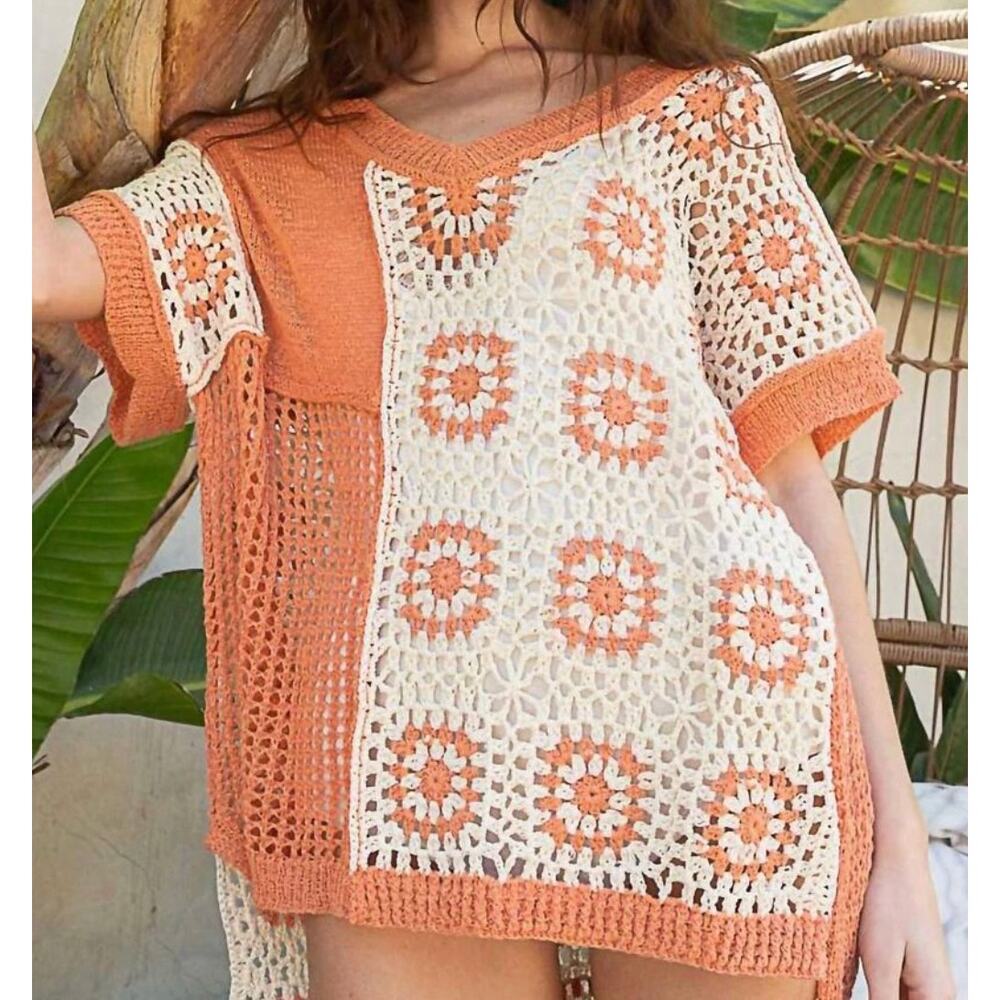 POL Crochet Patchwork Sweater Small Orange Cream … - image 11